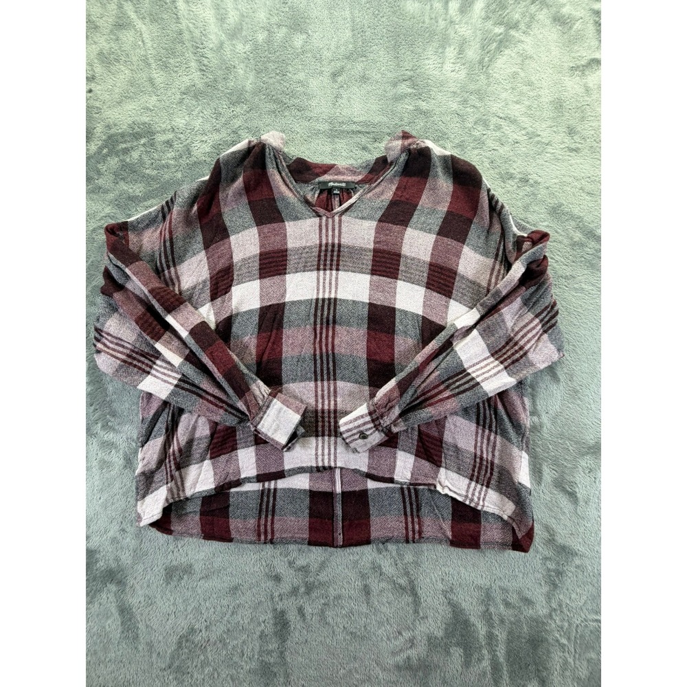 Madewell Womens Oversized Plaid Wool Blend V-Neck Top Burgundy Grey NB574 L